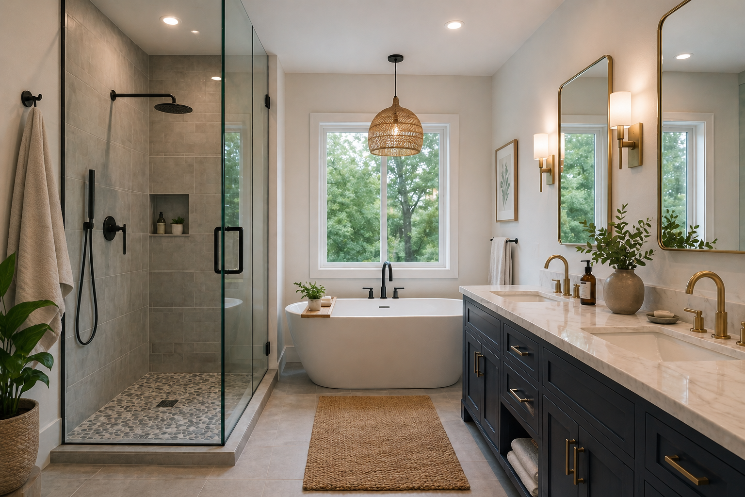 Luxurious master bathroom wet room featuring a marble shower, oval soaking tub, and a large window.